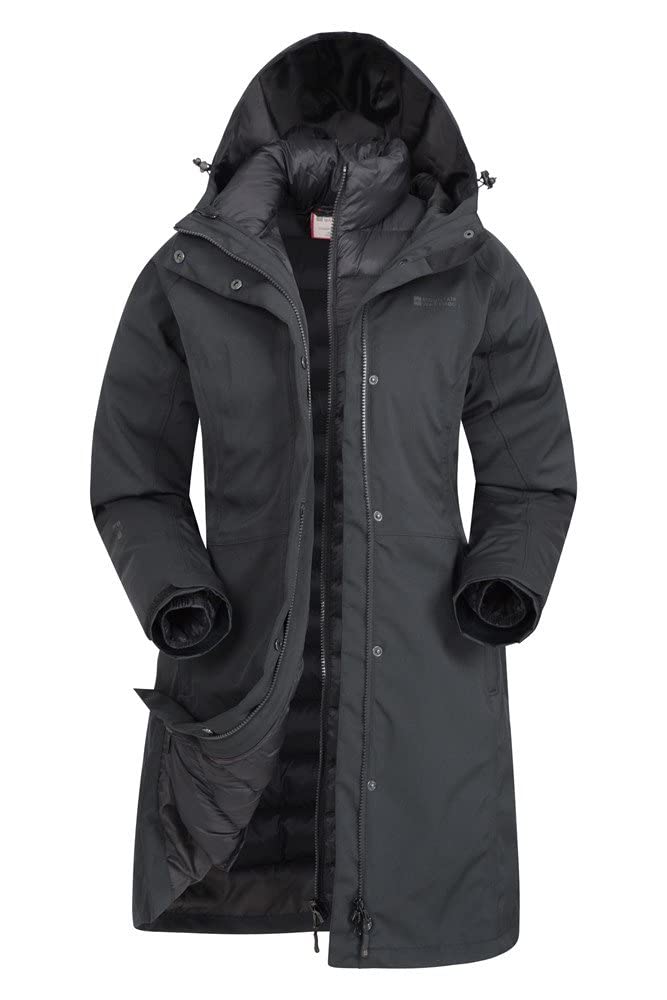 Mountain Warehouse Alaskan Womens 3 in 1 Long Jacket - Waterproof, Adjustable Raincoat with Detachable Inner Fleece