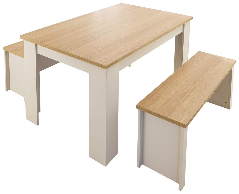 GFW Lancaster Dining Table & Bench Set, 120cm - Cream with Oak Top