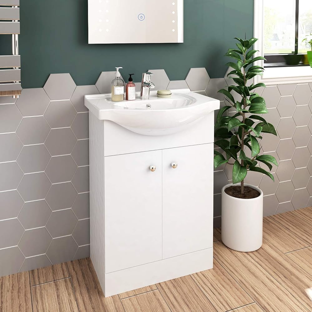 ELEGANT 560mm Premium Quality Vanity Sink Unit with Ceramic Basin, High Gloss White