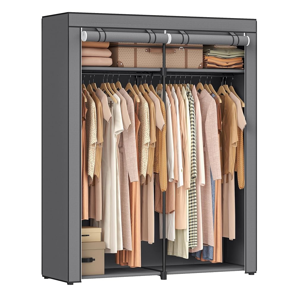 SONGMICS Clothes Wardrobe, Portable Fabric Wardrobe with 2 Hanging Rails, Grey
