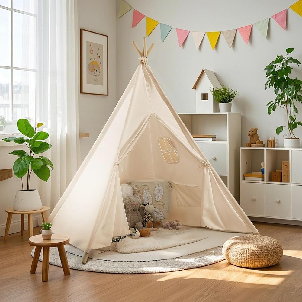 Wilwolfer Teepee Tent for Kids Foldable Children Play Tent for Girl and Boy with White Canvas Playhouse Toy for Indoor and Outdoor Games