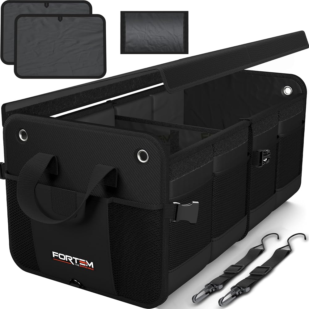 FORTEM Car Boot Organiser, SUV Boot Tidy, Trunk Storage, Collapsible Multi Compartment Car Organiser, Non Slip Bottom, Adjustable Securing Straps, Foldable Cover (65L)
