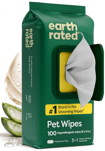 Earth Rated Pet Wipes for Dogs, Hypoallergenic, Cleaning and Hydrating, for Grooming Paws, Body and Bums, Unscented, 100 Count