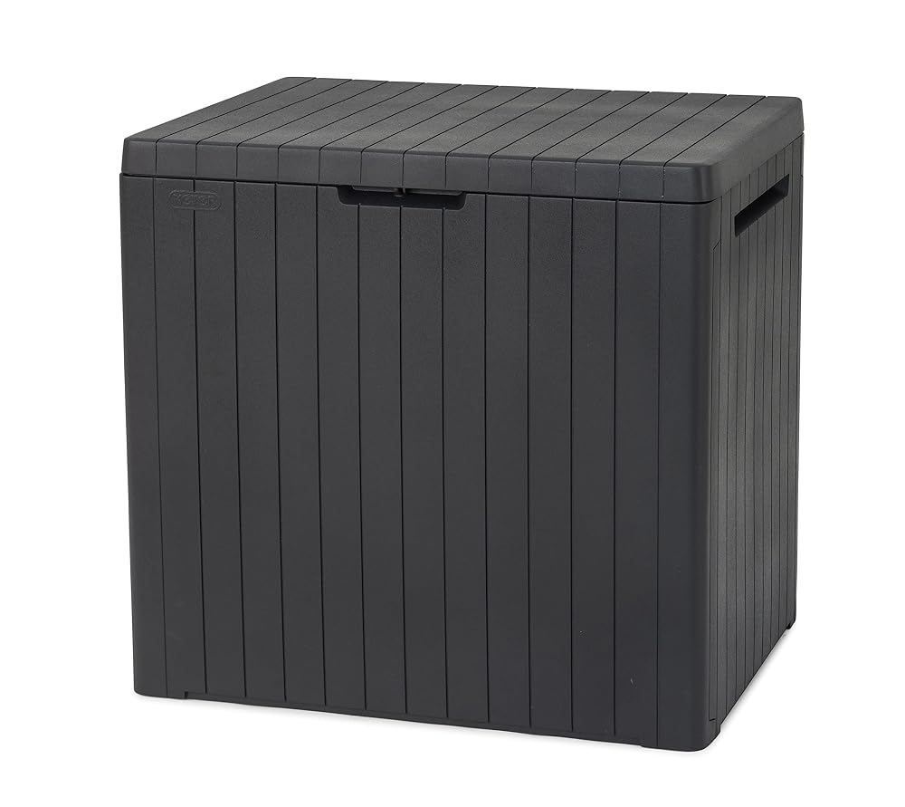 Keter City 113L Outdoor Small Balcony Garden Furniture Storage Box, Grey Wood Panel Effect