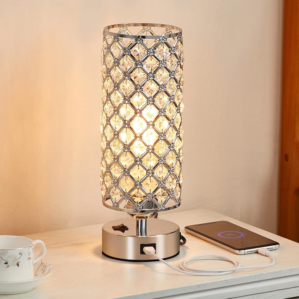 Aooshine Crystal USB Table Lamp, Modern Bedside Table Lamp with USB Charging Port, Silver