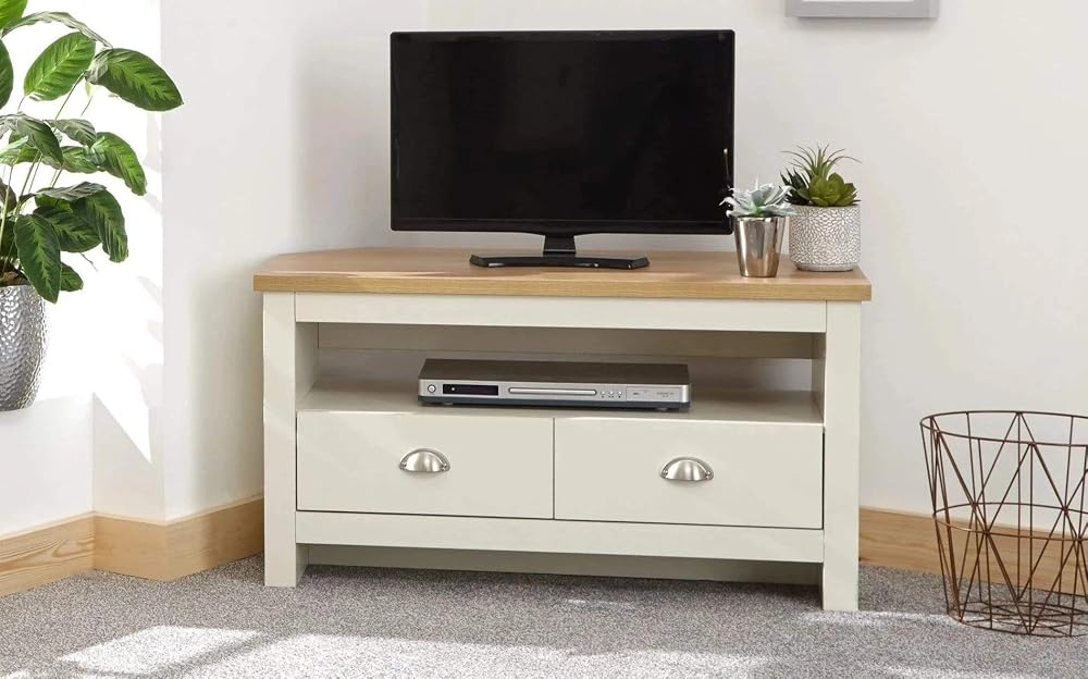 GFW Lancaster Wood Corner TV Cabinet With Shelf & Drawers, Cream