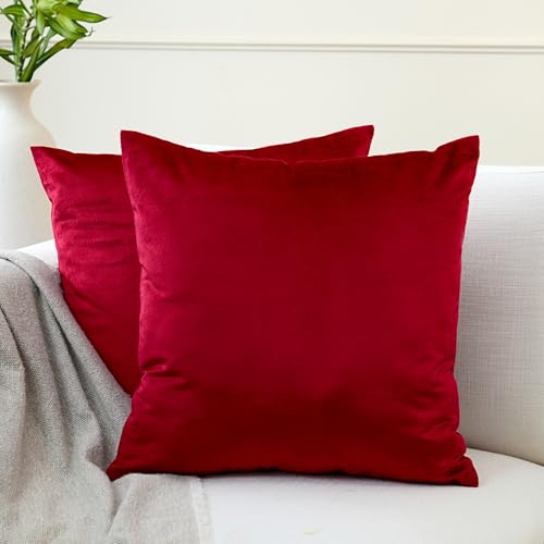 Encasa XO Velvet Cushion Cover Set of 2, Red, 50x50cm, Solid Plain Dyed Soft & Smooth Pillowcase, No Insert
