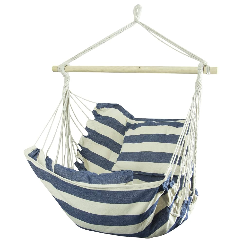 Woodside Swinging Garden Hammock Chair, Outdoor Wooden Rope Swing Seat, Blue/White