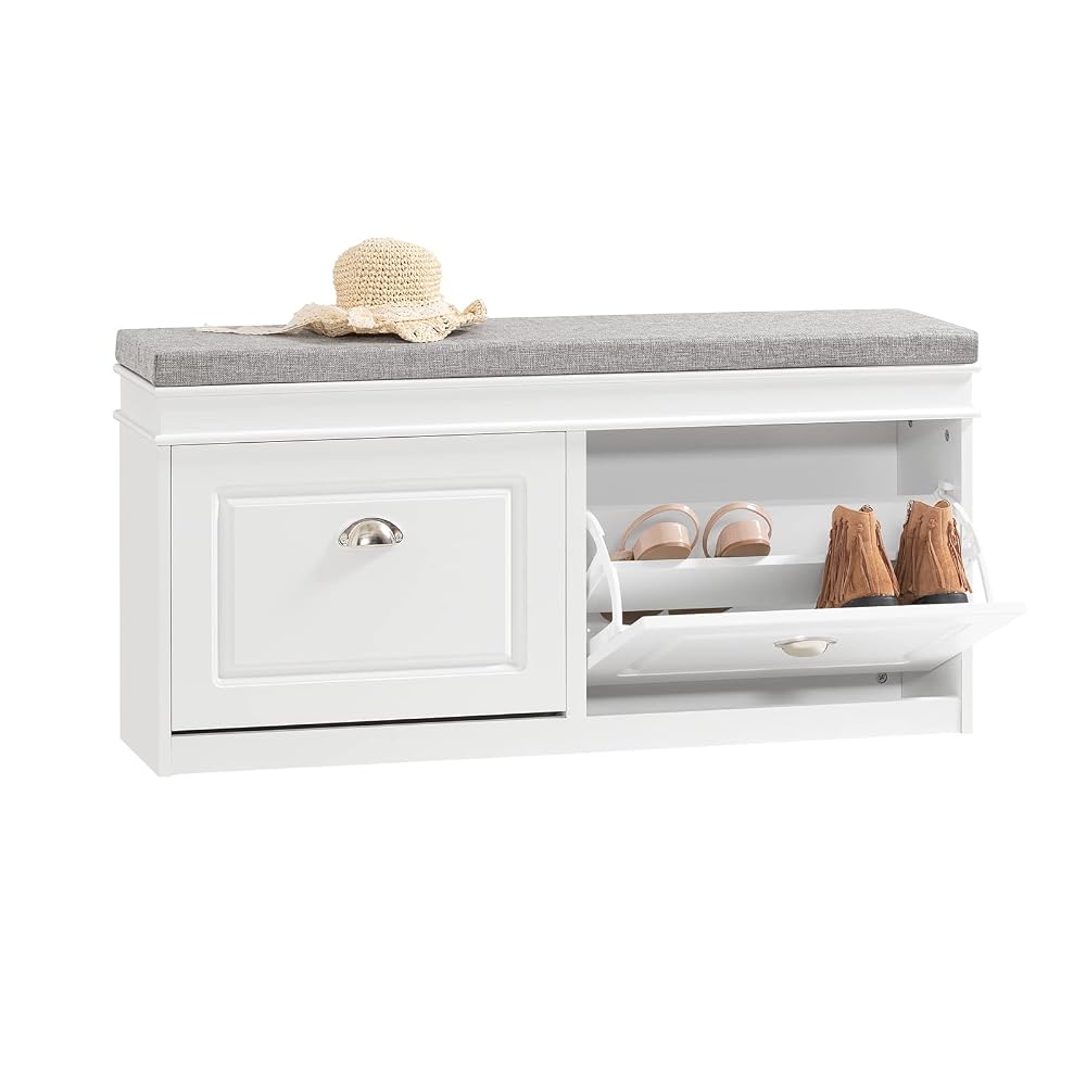 SoBuy Shoe Storage Bench with Seat Cushion, 2 Flip-Drawer Hallway Bench, White
