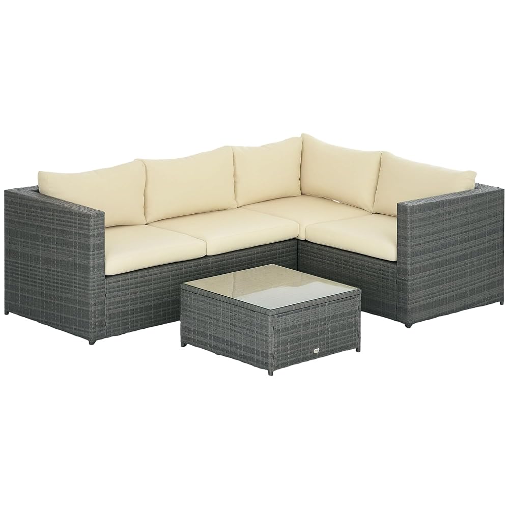 Outsunny 3 Piece PE Rattan Garden Furniture Set with Glass Top Coffee Table