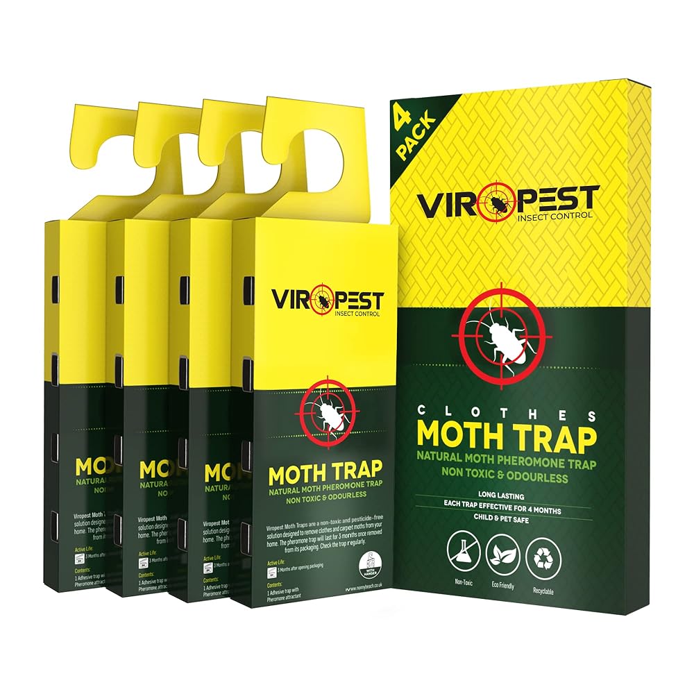 Moth Traps (4 Pack) for Clothes, Carpets, Wardrobes & Drawers - Irresistible Sticky Pheromone Glue Board Attracts and Kills Clothes and Carpet Moths, Non-Toxic, Odour-Free, Safe for Children & Pets