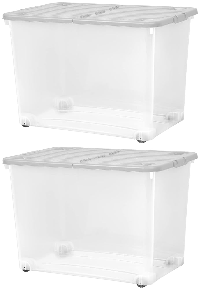 Muddy Hands Pack of 2 Under Bed Storage Boxes with Lids & Wheels, 32 Litre Large Clear Plastic Stackable Containers