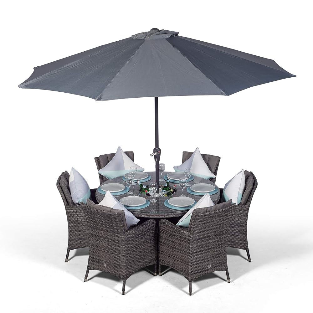 Giardino Savannah 6 Seater Rattan Dining Set with Ice Bucket Drinks Cooler, Parasol & Cover