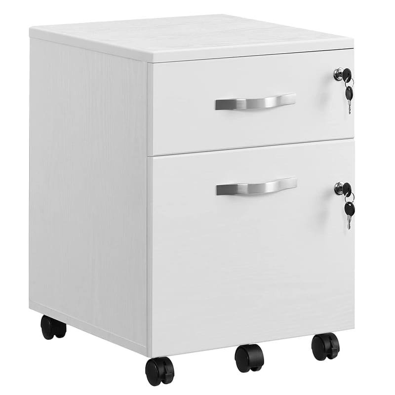 VASAGLE Lockable File Cabinet, Filing Pedestal with 2 Drawers, 5 Wheels, and Adjustable Hanging Rails, White