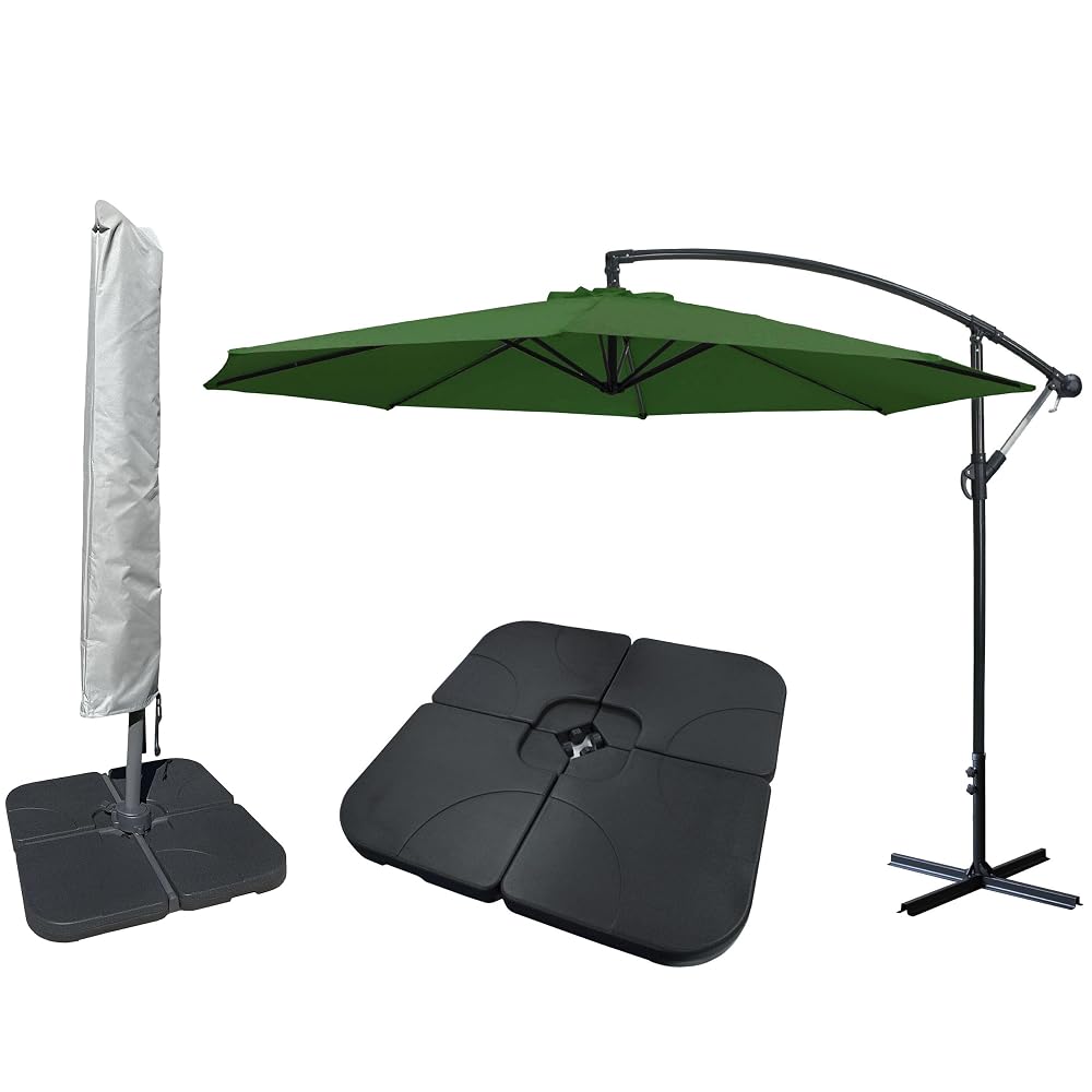 Jarder Libra Garden Parasol Set Cantilever Umbrella, 4-Piece Base and Waterproof Cover, 3m, Green
