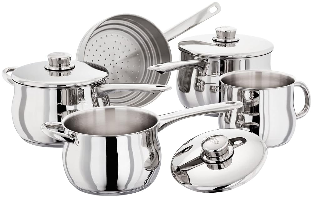 Stellar Classic Set of 5 Stainless Steel Pans, 20cm, 18cm, 16cm Deep Saucepans, Lids, 14cm Milk Pot, Steamer, Induction Ready