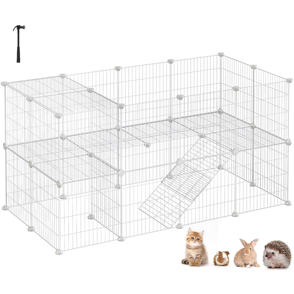 SONGMICS 2-Floor Metal Pet Playpen, 36 Grid Panels, Customisable Cage Enclosure for Small Animals