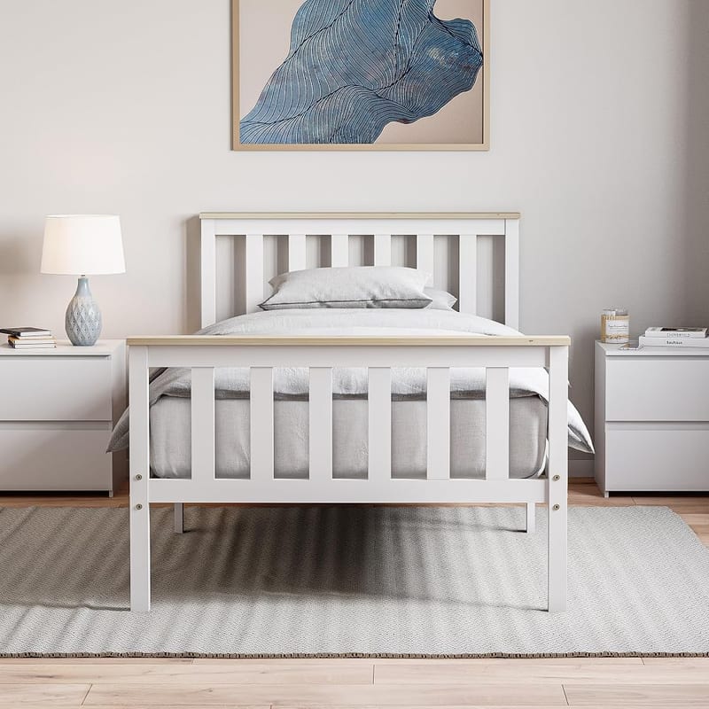 Vida Designs Milan Single Bed Frame, White & Pine, High Foot, Solid Pine Wood, 150kg Weight Capacity
