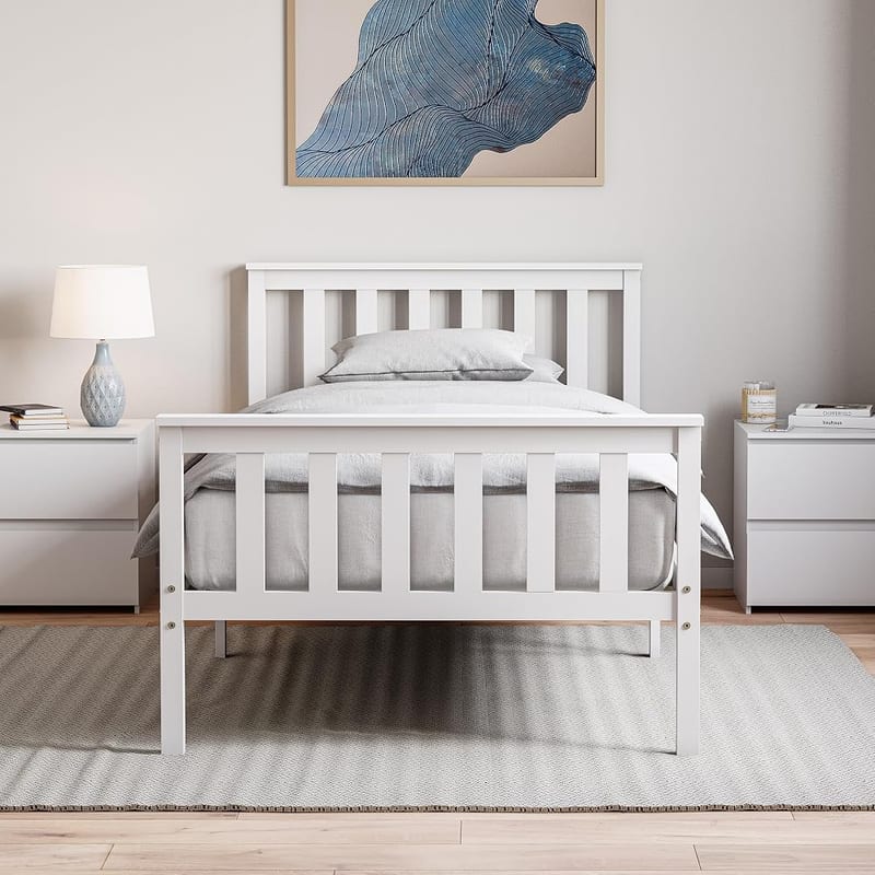 Vida Designs Milan Single Bed, 3ft, Bed Frame, Solid Pine Wood, Headboard, High Foot End, Bedroom Furniture, White