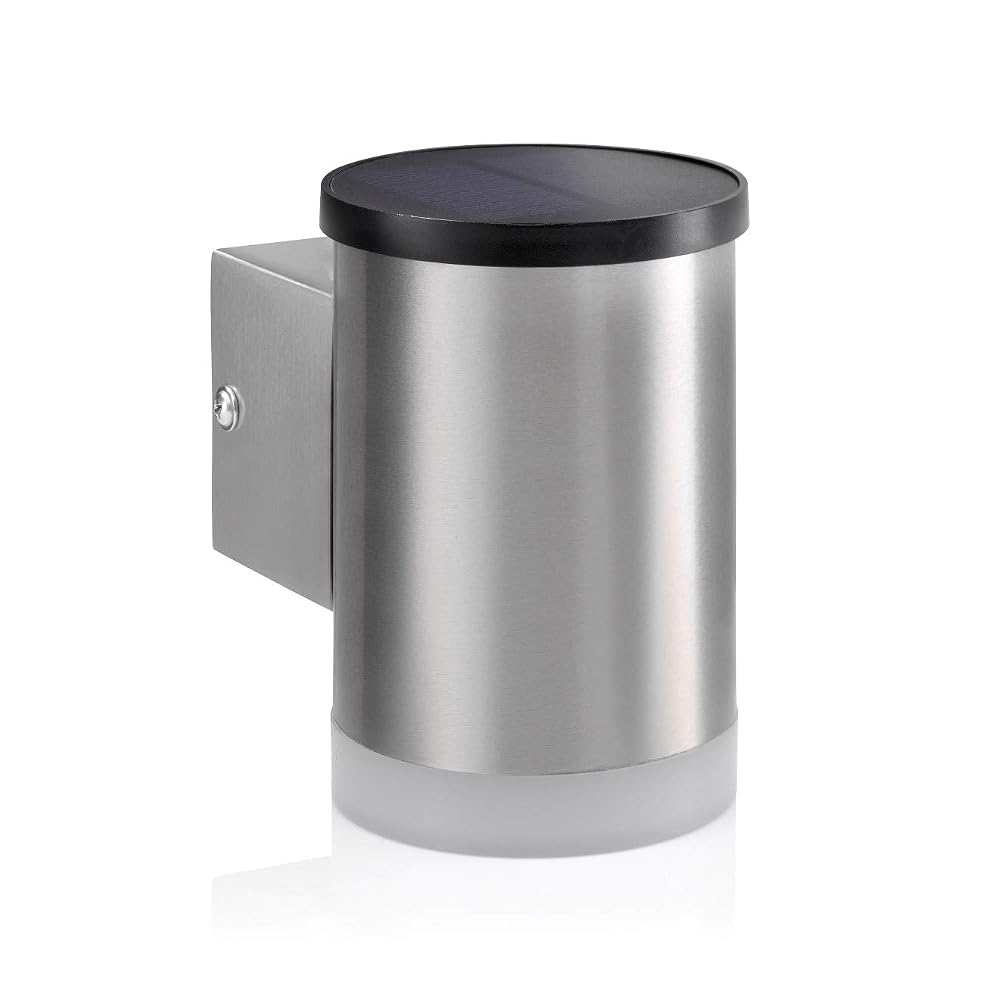 Auraglow Solar Powered Dusk to Dawn Wireless Outdoor Garden Security LED Wall Downlight, Stainless-Steel Cylinder Sconce