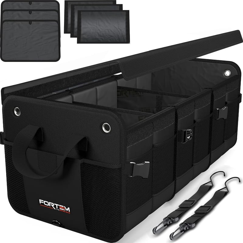 FORTEM Car Boot Organiser, SUV Boot Tidy, Trunk Storage, Collapsible Multi Compartment Car Organiser, Non Slip Bottom, Adjustable Securing Straps, Foldable Cover (90L)