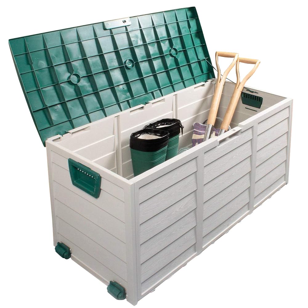Outdoor Garden Furniture Storage Box, Plastic Seat Utility Chest for Garden Tools, Toys & Equipment, Green Lid with Wheels