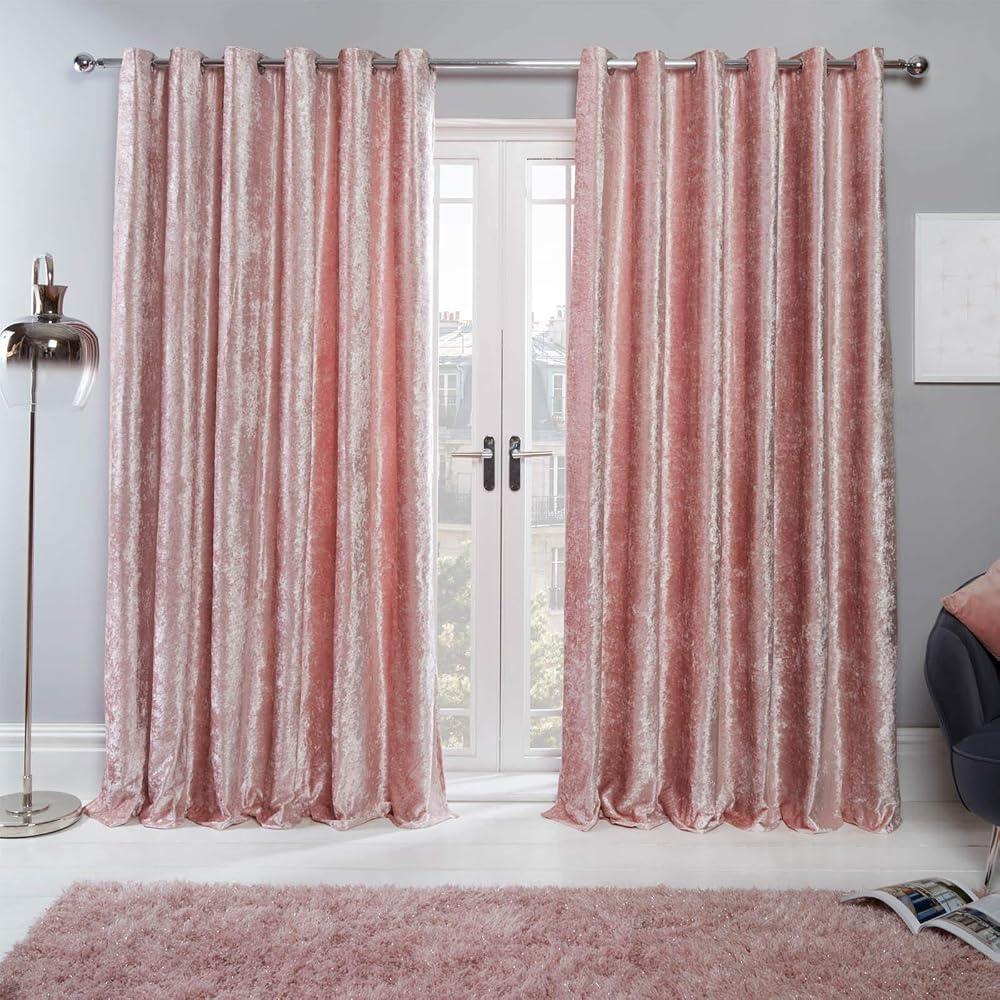 Sienna Crushed Velvet Eyelet Ring Top Pair of Fully Lined Curtains, Blush Pink, 46" x 54"
