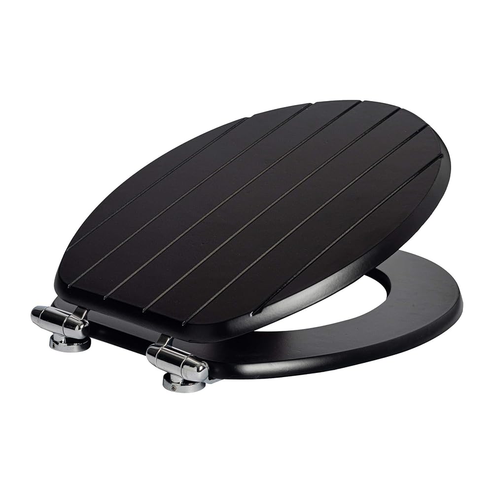 Harbour Housewares Soft Close Toilet Seat, Black, Oval-Shaped Wooden Toilet Seat with Chrome Hinges