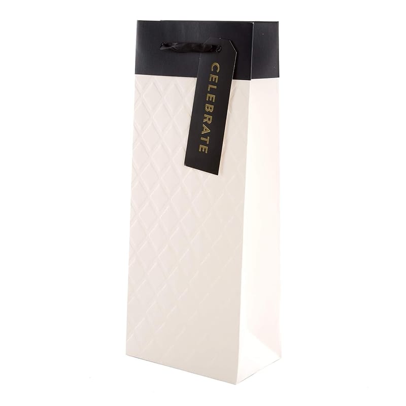 Hallmark Multi-Occasion Bottle Bag, Embossed Quilted Design with Satin Ribbon Handles and Gift Tag