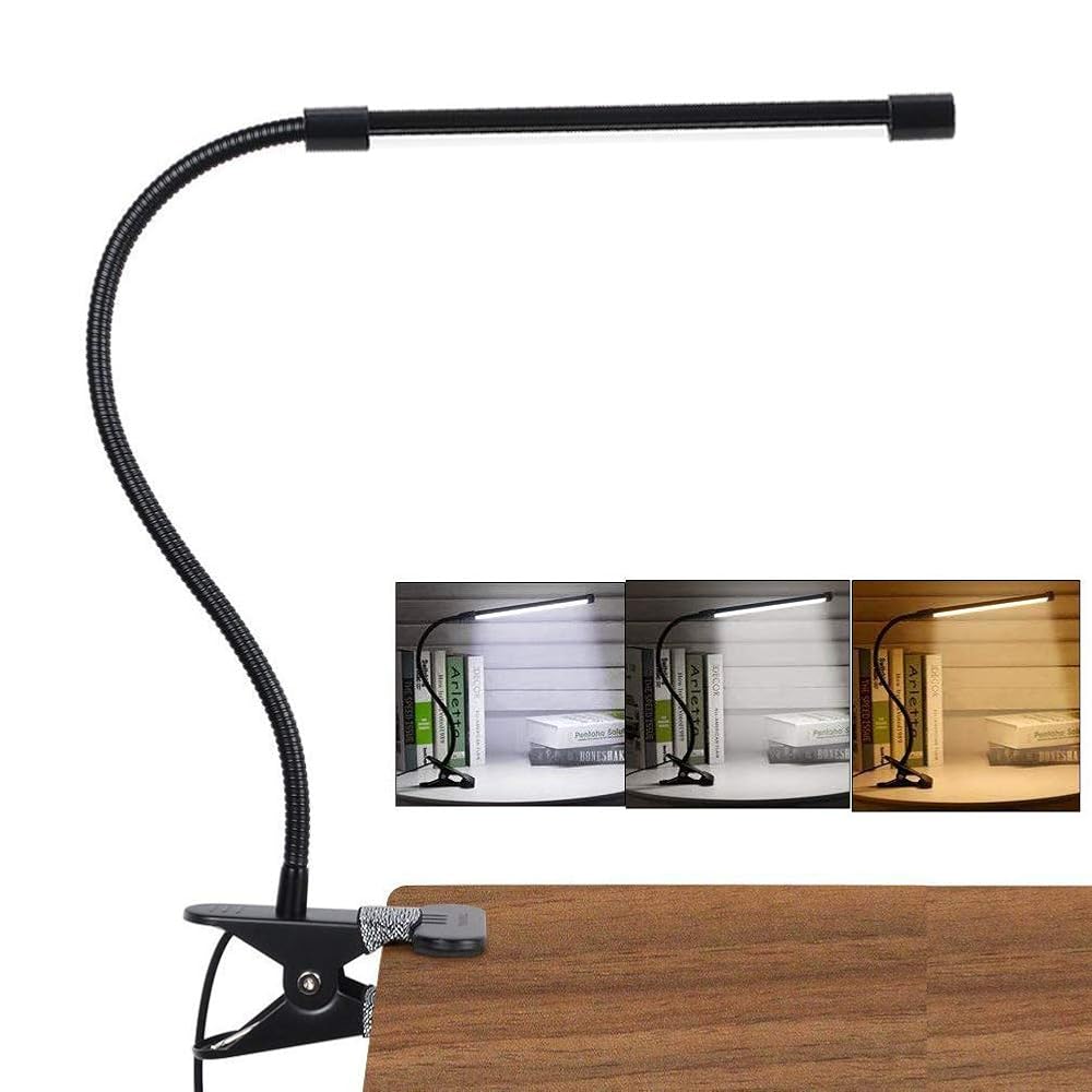 LED Clip Desk Lamp, Reading Light Study Lamp Eye Care Protection with 10 Dimmable Brightness & 3 Modes, USB Powered Flexible Gooseneck Clamp for Bed Headboard Table Office Lights, 7W, Black
