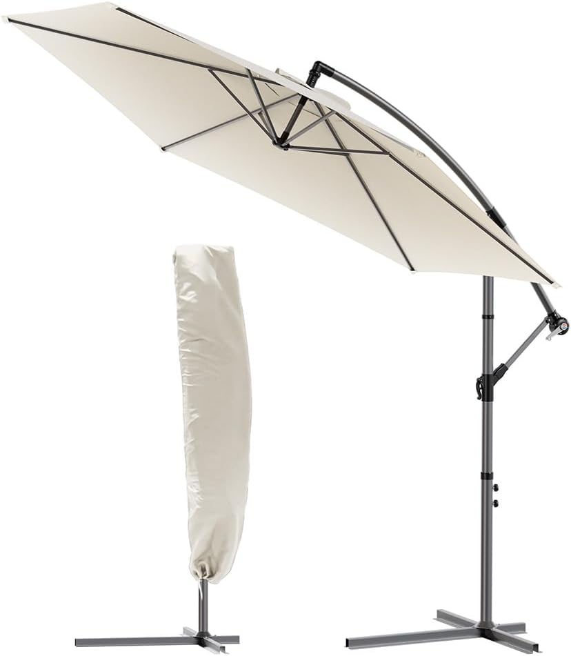 VOUNOT 3m Cantilever Garden Parasol, Banana Patio Umbrella with Crank Handle and Tilt for Outdoor Sun Shade, Beige