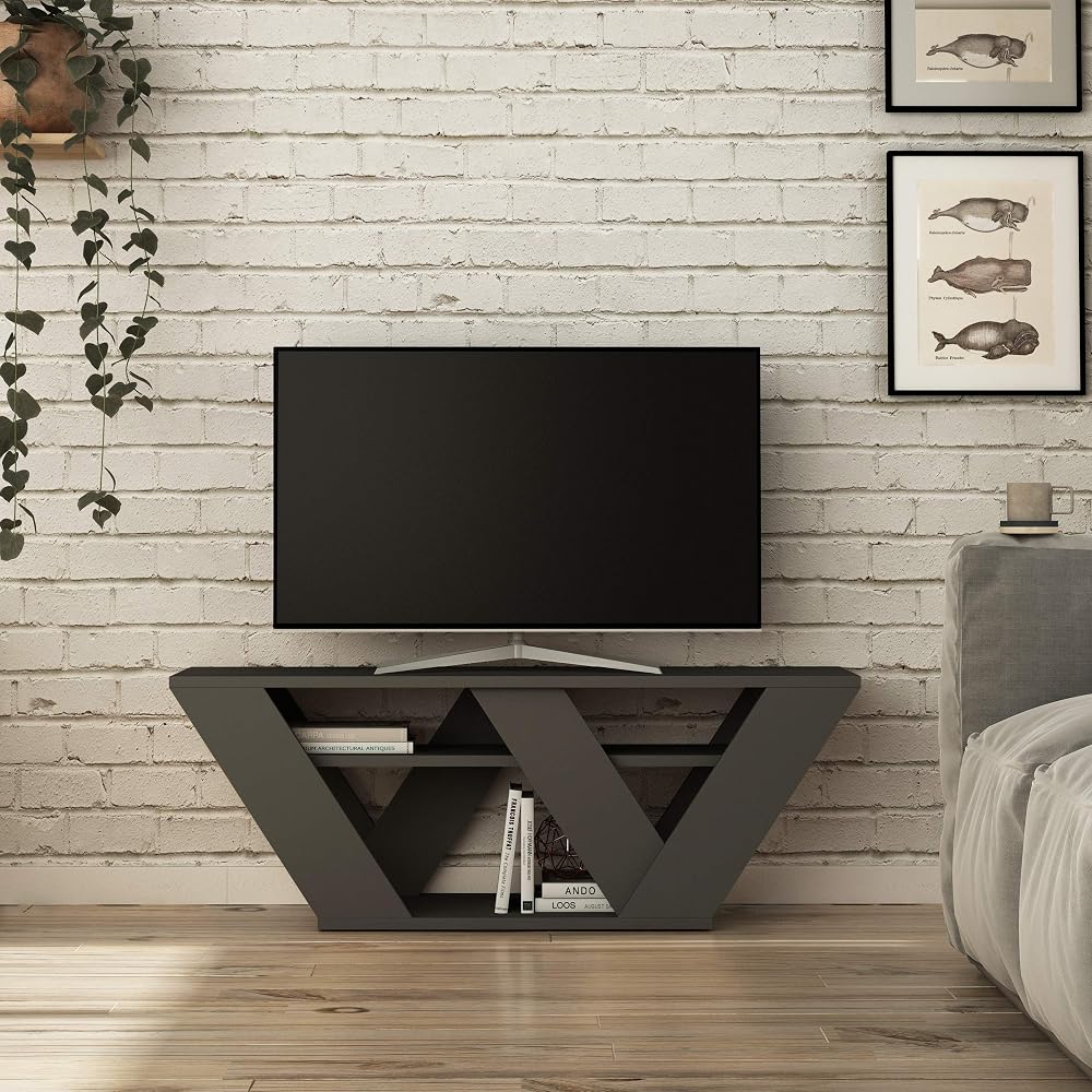 HOCUS PICUS Modern TV Unit up to 42 inch TVs, 2-Tier Open Storage, Diagonal Design Media Console, Anthracite