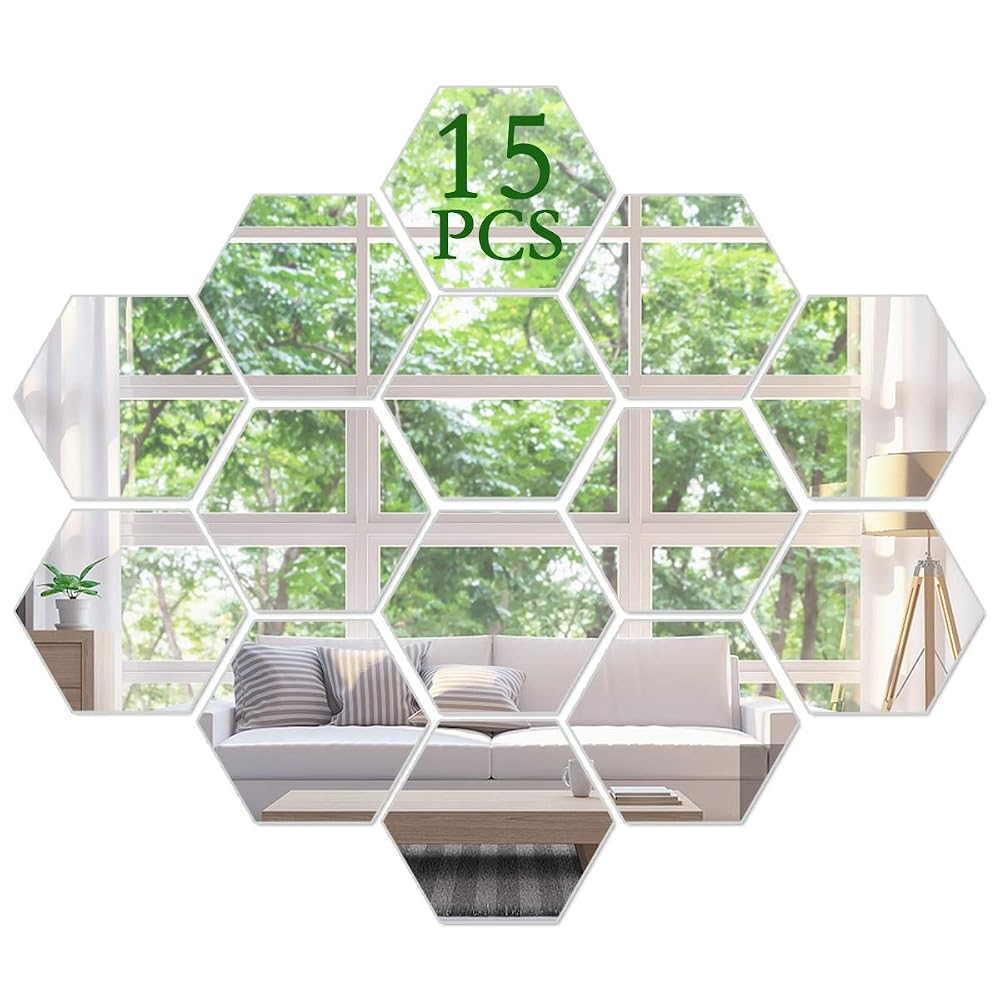 KimDaro Mirror Wall Stickers, Non Glass Mirror Plastic Mirror 3D Hexagon Acrylic Mirror Wall Decor Self Adhesive Tiles (15 PCS)