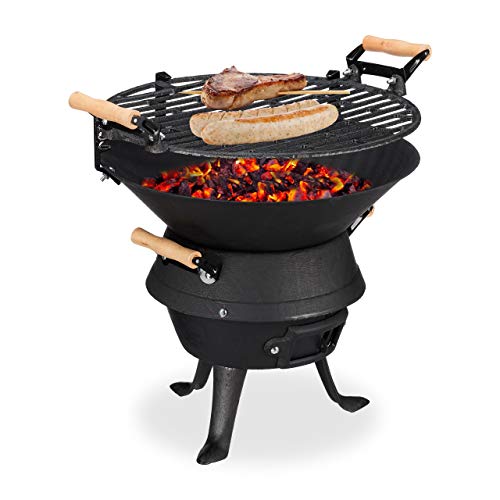 Relaxdays Cast Iron BBQ, Height Adjustable Cooking Grate, Air Vent, Wood Burning Barbecue, HWD 40x45x36 cm, Black