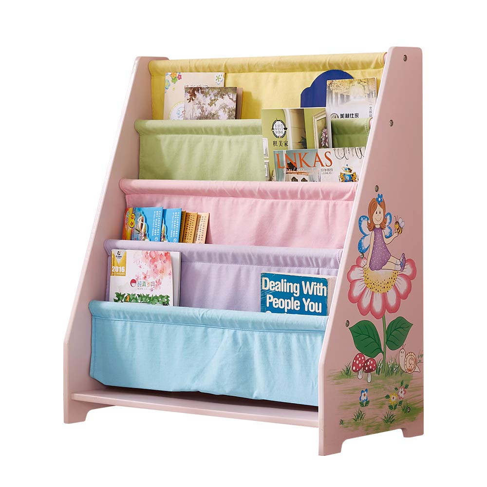 WODENY Kids 4-Tier Sling Bookcase with Canvas Pockets, White