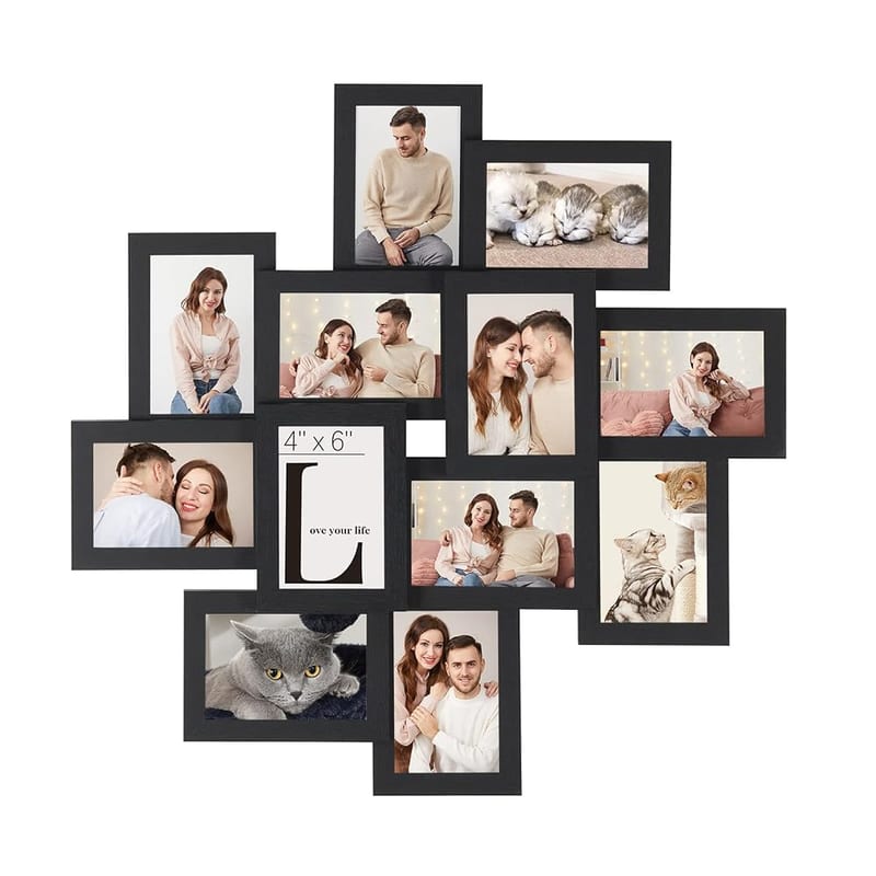 SONGMICS Picture Frame Collage for 12 Photos in 4x6, Photo Frame Set, Glass, Wall-Mounted, Family Photos, MDF, Ink Black