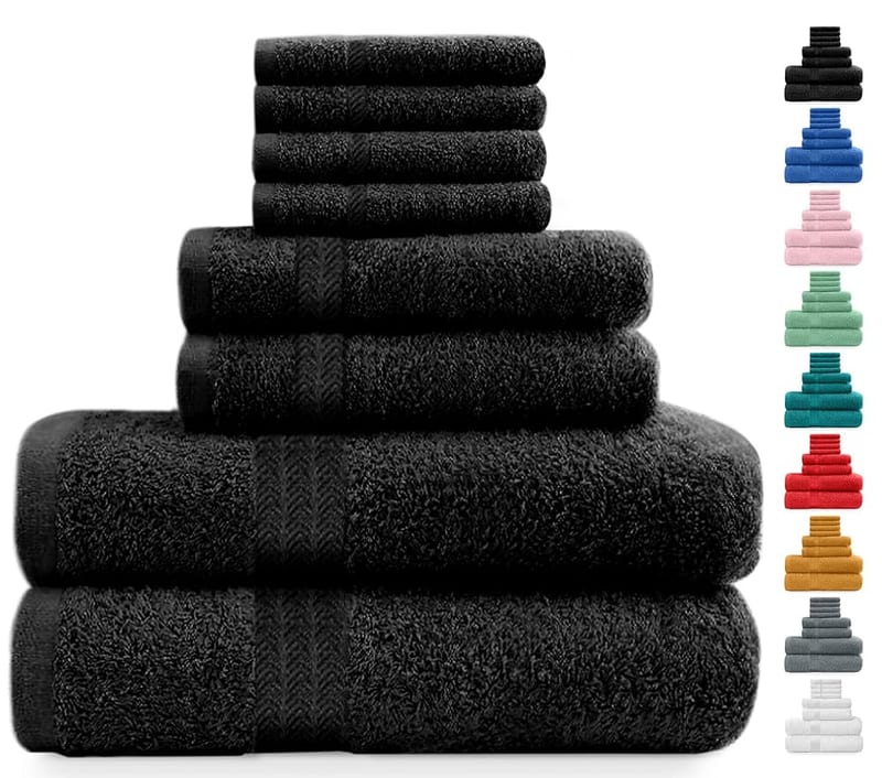 Midland Bedding 8 Piece Bale Towel Set, 100% Cotton, 4 Face Towels, 2 Bath Towels, 2 Hand Towels, 400 GSM, Black