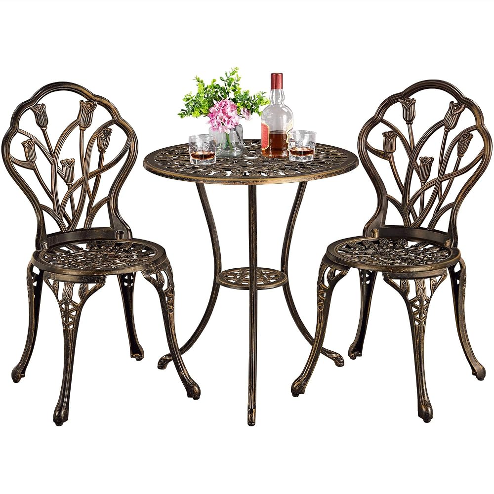 Yaheetech 3 Piece Patio Bistro Set, Rose Vine Aluminium Table & 2 Chairs