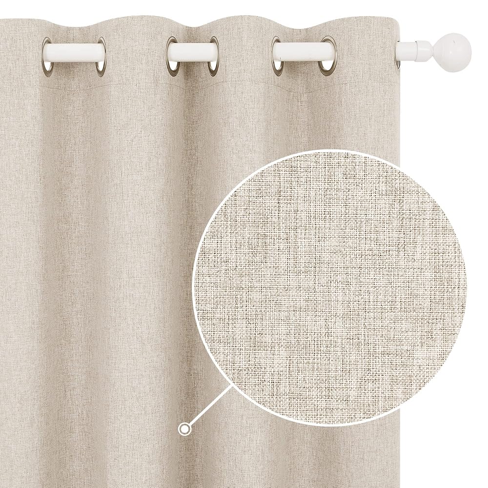 Deconovo 100% Blackout Curtains, Faux Linen Thermal Insulated Eyelet Curtains, 46x54in, Pale Khaki, One Pair