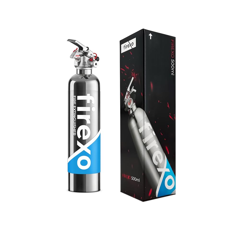 Firexo All in One Stainless Steel Fire Extinguisher 500ml, Chrome — Multipurpose Extinguisher for ALL FIRES inc. Li-ion Battery Fires