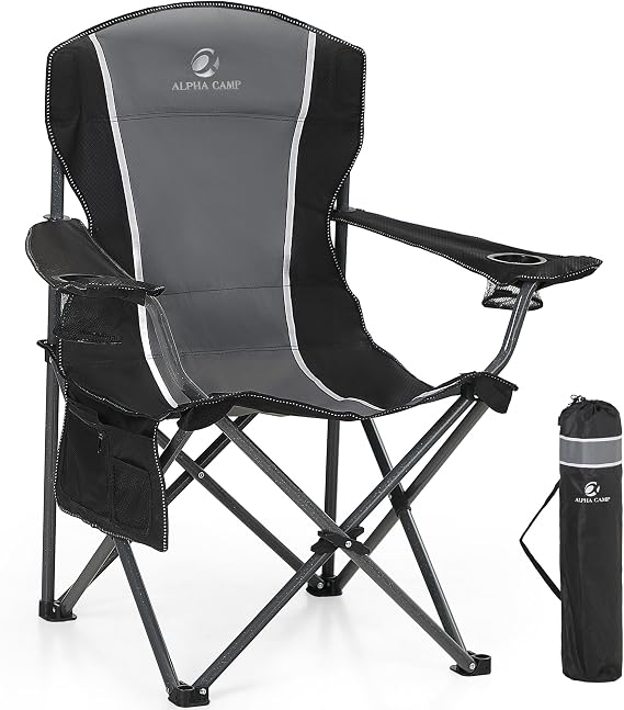 ALPHA CAMP Camping Chairs for Adults Heavy Duty Camping Chair, Grey | Folding Camping Chair with Cup Holder & Side Pocket, High Back Camping Chair Up to 160kg, Foldable And Portable