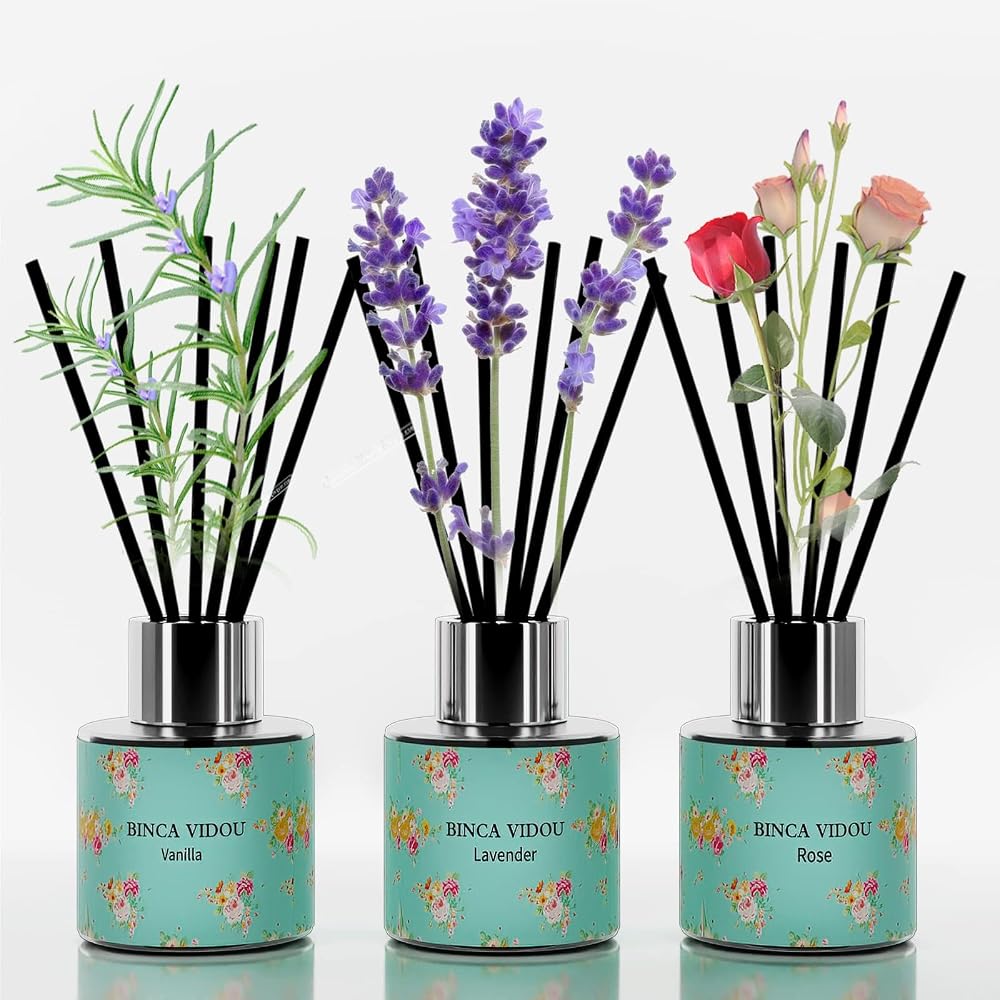 Binca Vidou Reed Diffuser Set of 3, Natural Scent Oil Diffusers with Sticks, Lavender, Rose, Vanilla, 50ml x 3