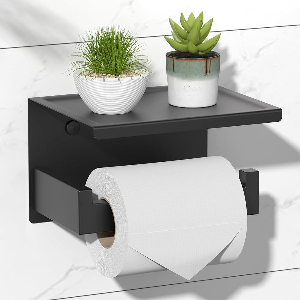 HITSLAM Matte Black Toilet Roll Holder with Phone Shelf, Stick-On Toilet Paper Holder, SUS 304 Stainless Steel