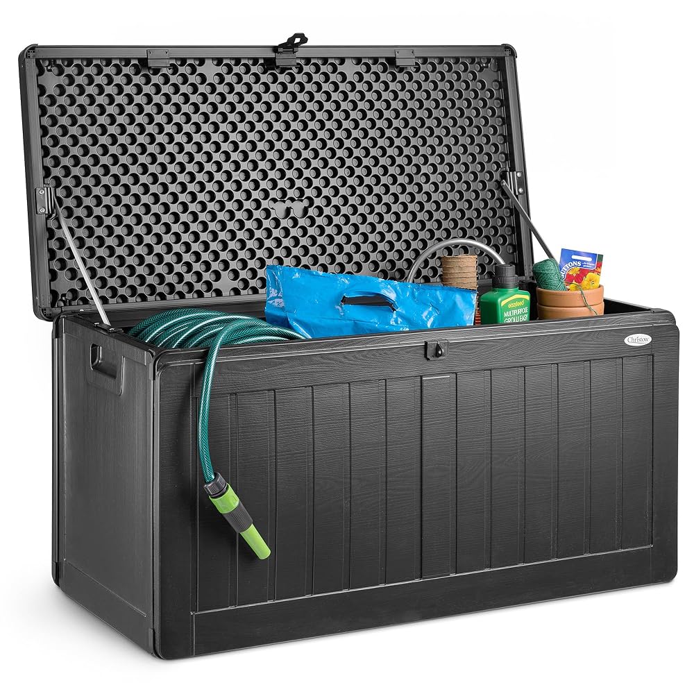 CHRISTOW Waterproof Garden Storage Box, 190L, Wood Grain Effect, Lockable Lid