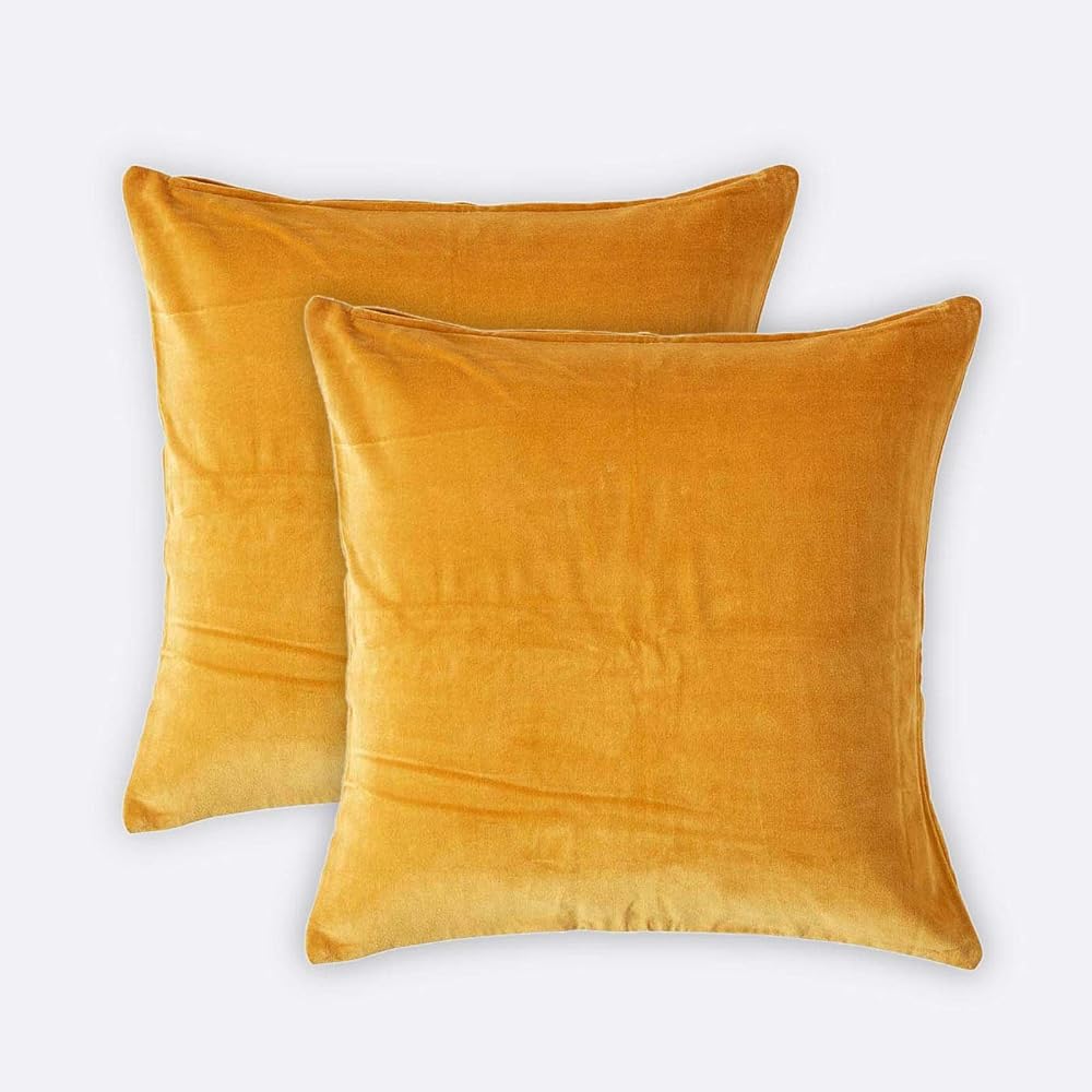 HOMESCAPES Set of 2 Mustard Velvet Cushion Covers, Super Soft Cotton Velvet Luxury Square Scatter Cushions, 40x40cm