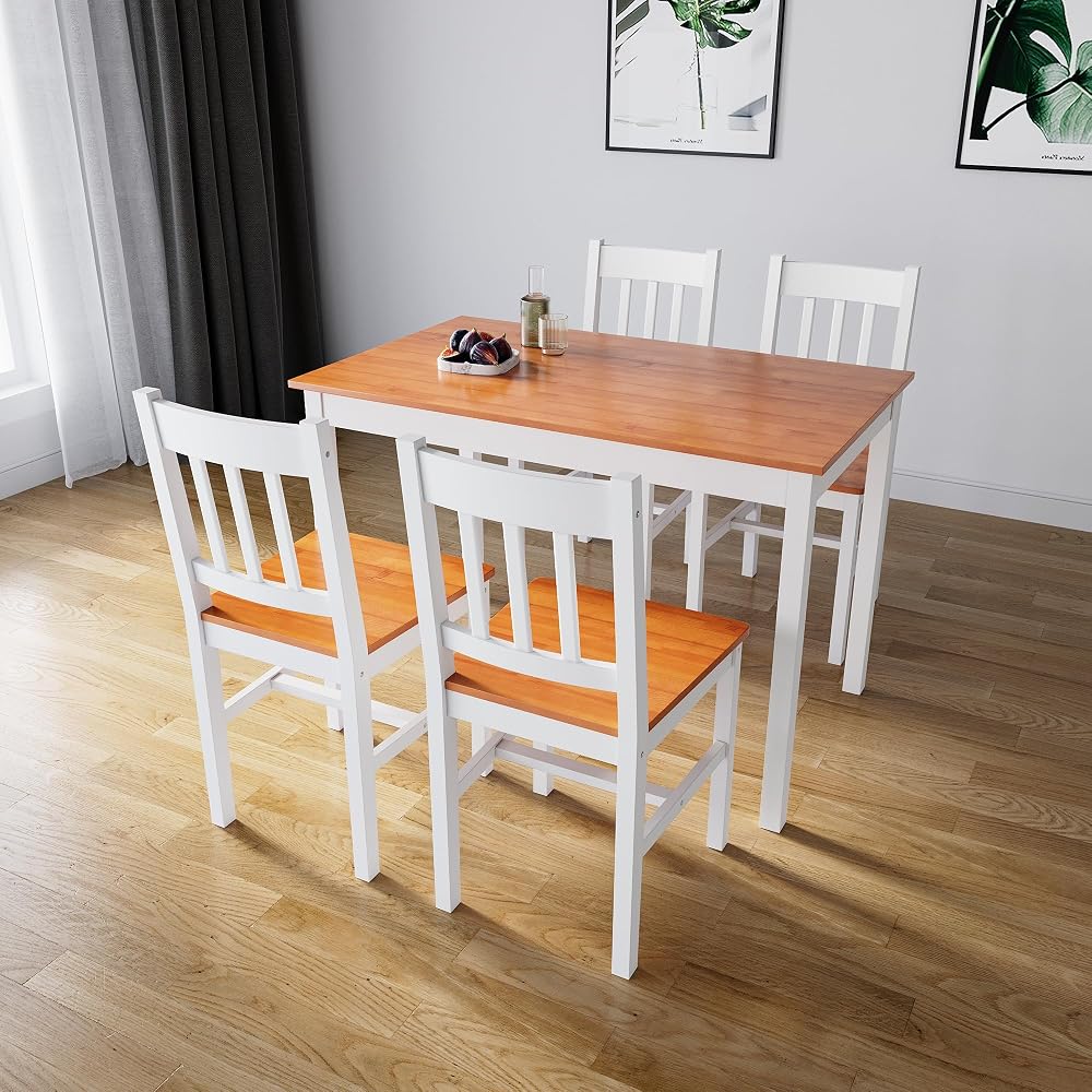 ELEGANT Solid Wooden Dining Table and 4 Chairs Set, Honey Natural Pine
