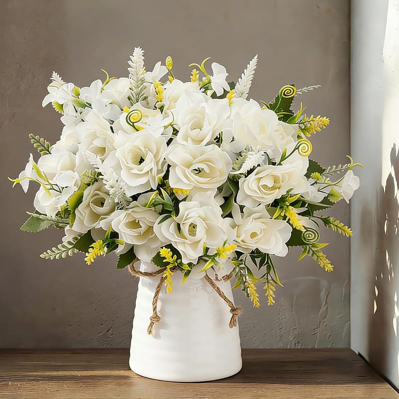 LESING Artificial Flowers with Vase for Table Centrepieces, Fake Silk Gardenia Flowers in Vase Decoration for Home, Office and Party (White)