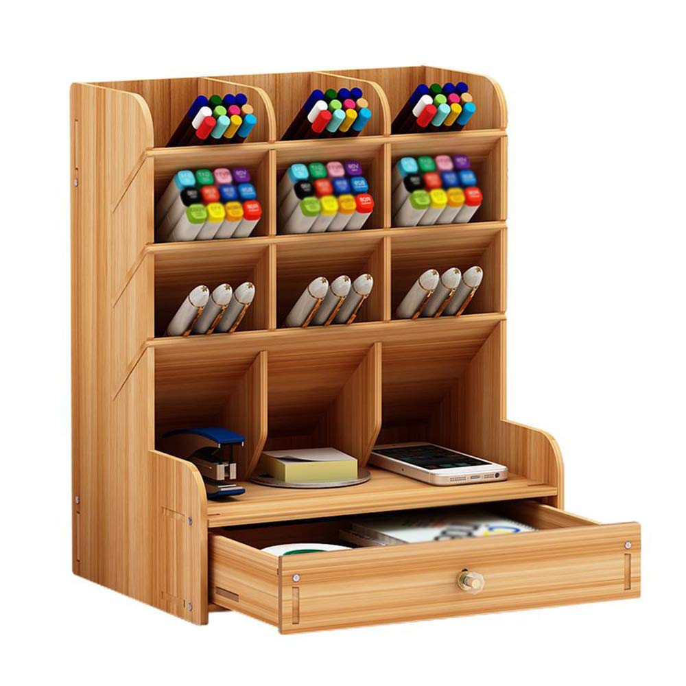 Hggzeg Wooden Desk Organiser Multi-Functional Drawer Stationery Desktop Storage Box Desk Tidy Pen Holder, Cherry Colour