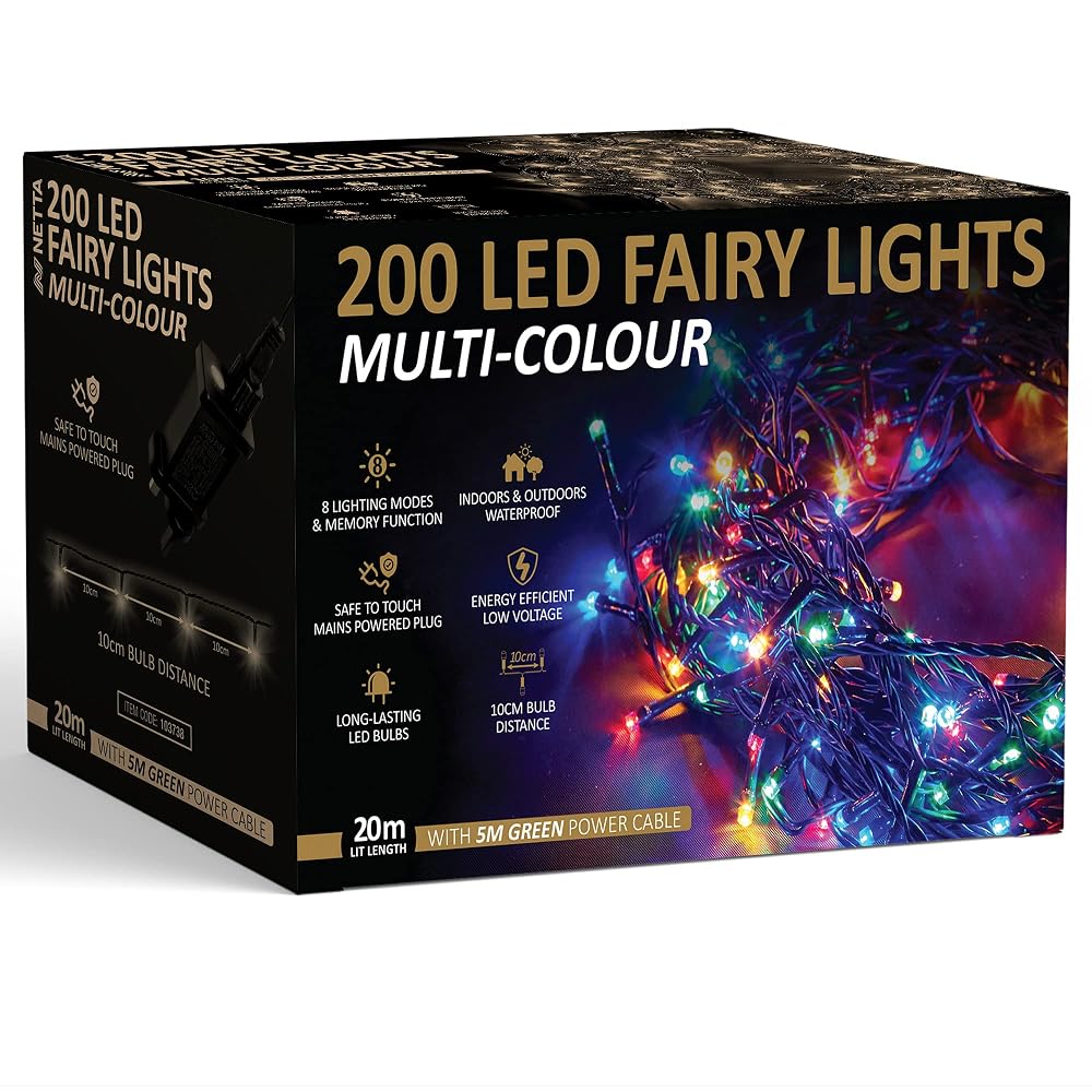 NETTA Christmas Tree Fairy Lights, 20M 200 LED Mains Powered, Waterproof Outdoor String Light, 8 Modes