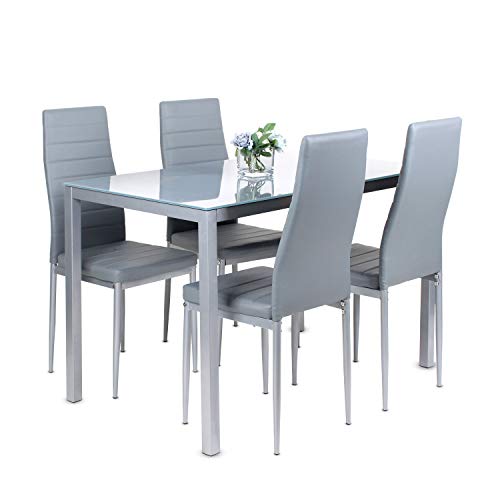 Dining Table and Chairs Set 4, 120cm Glass Table with Faux Leather Padded Chairs (Grey)